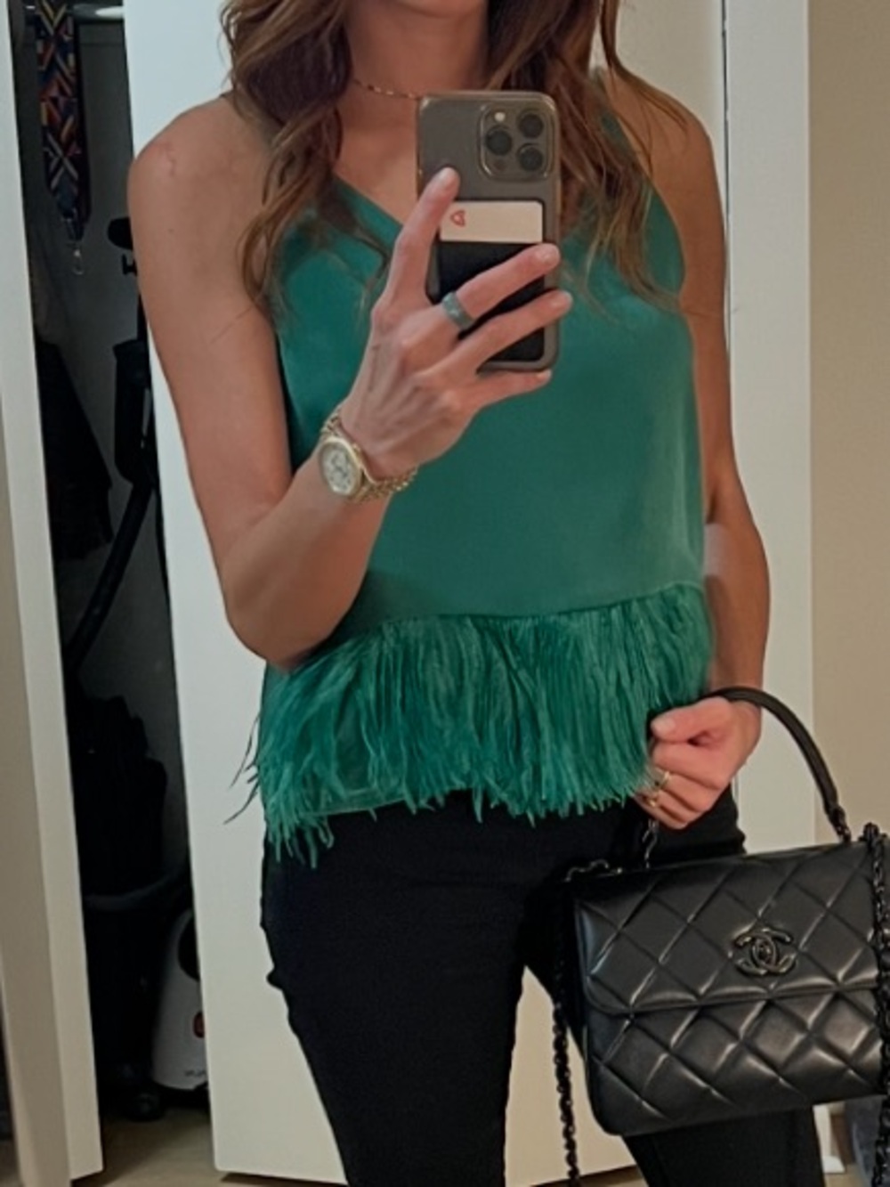 Green Feather Trim Camisole Top